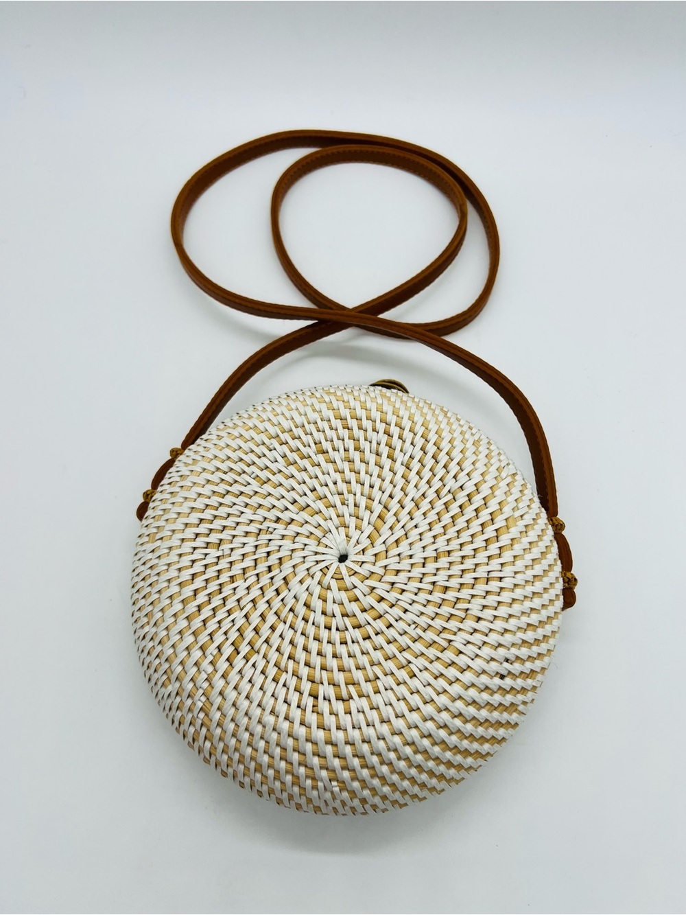 Cream Woven Round Crossbody with Tan Strap